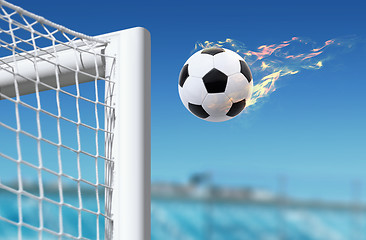 Image showing football flies in goalkeeper gate