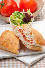 Image showing ciabatta panini sandwich with parma ham and tomato