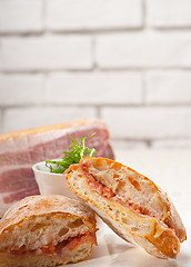 Image showing ciabatta panini sandwich with parma ham and tomato