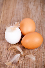 Image showing three eggs and feathers 