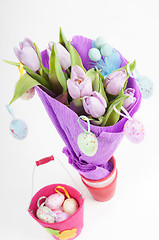 Image showing Easter eggs with bucket and tulips