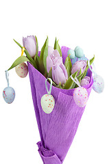 Image showing Bouquet from easter aggs and tulips