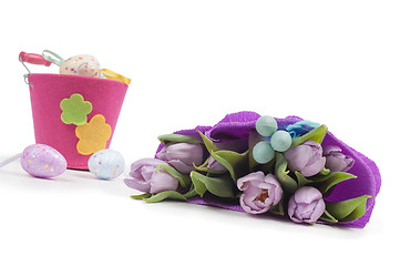 Image showing Easter eggs with bucket and tulips