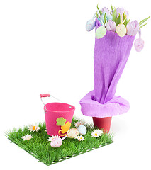 Image showing Bouquet from tulips and easter eggs