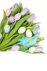 Image showing Easter eggs and beautiful tulip bouquet