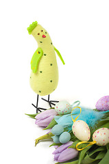 Image showing Easter chicken with tulips and eggs