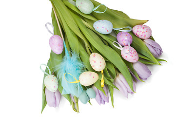 Image showing Easter eggs and tulip bouquet