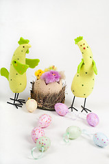 Image showing Easter chicken family with tulips and eggs