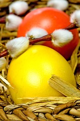 Image showing easter basket with painted eggs and catkin 