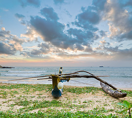 Image showing fishing boat  against sunset background