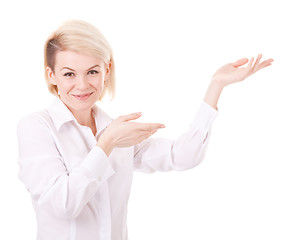 Image showing Happy smiling young business woman showing blank area