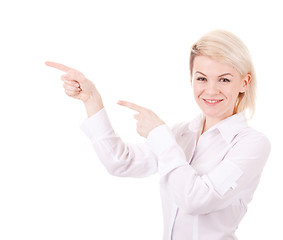 Image showing Happy smiling young business woman showing blank area