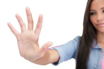 Image showing female hand reaching or touching something with fingers isolated