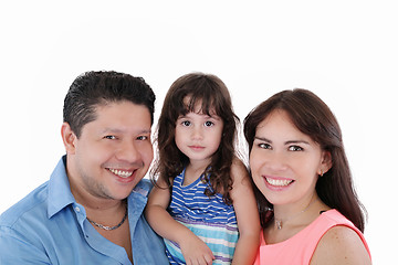 Image showing Happy young family with little girl posing on white background