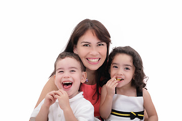 Image showing Mother, son and daughter having fun on a white background.