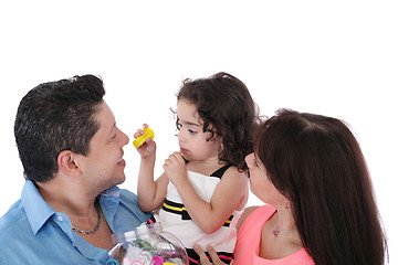 Image showing Dad, wife and daughter in the studio on a white background.  Foc