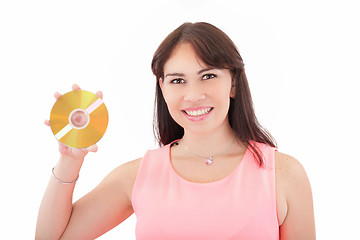 Image showing Woman with cd. Over white background