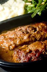 Image showing meat loaf micro wave with mashed potatoes string beans