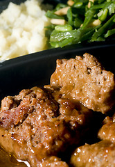 Image showing meat loaf micro wave with mashed potatoes string beans