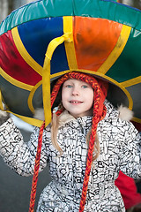 Image showing portrait of little girl with sleigh on her head