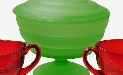 Image showing Frosted green and ruby red glassware