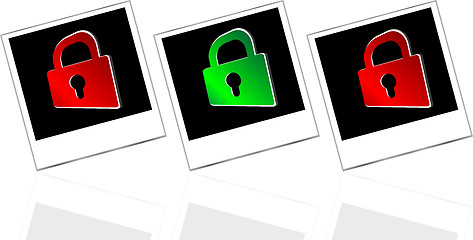 Image showing Set of empty photos and padlock on abstract white background
