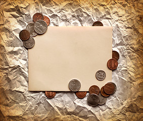 Image showing Vintage decorativ composition with old paper and coins, Money Finance Background/ Finance concept.