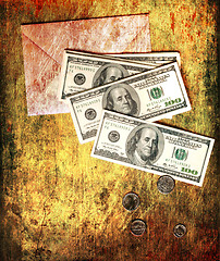 Image showing Rotro Background of money with envelope, (dollars and coins) for business, Finance background. Finance concept.