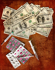 Image showing Finance Background of money for business, Health concept. Medicine, syringe and pills. Retro vintage card