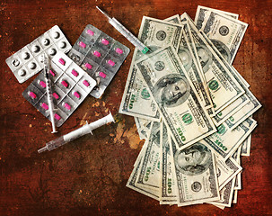 Image showing Finance Background of money for business, Health concept. Medicine, syringe and pills. Retro vintage card