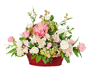 Image showing Colorful floral bouquet from roses and cloves arrangement center