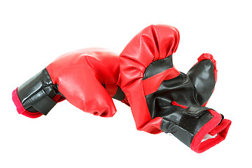 Image showing Pair of red leather boxing gloves isolated on white