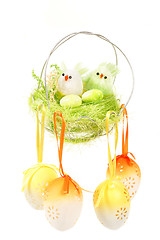 Image showing Easter decoration with colored eggs and birds