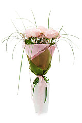 Image showing Colorful flower bouquet from pink roses in white vase isolated o