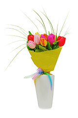 Image showing Flower bouquet from colorful tulips in white vase isolated on wh