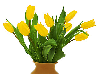 Image showing Flower bouquet from  yellow tulips in brown vase isolated on whi
