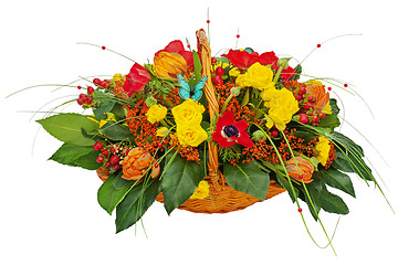 Image showing Flower bouquet arrangement centerpiece in a wicker gift basket i