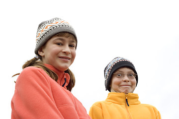 Image showing Kids in Ski Hats and Fuzzy Pullovers