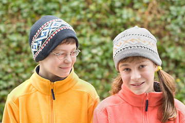 Image showing Kids in Ski Hats and Fuzzy Pullovers