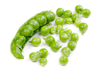 Image showing Green peas pods over a white