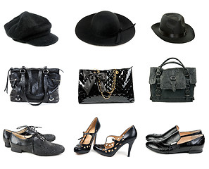 Image showing Three sets of hats, handbags and shoes.