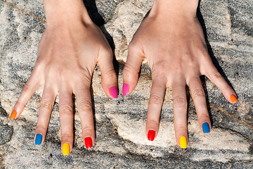 Image showing Two female hand with the fashionable color nail polish