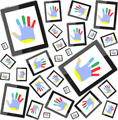 Image showing tablet pc set with people hands seamless pattern