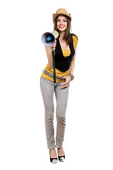 Image showing Brunette with a loudspeaker