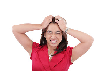 Image showing Woman looking shocked and angry against white background 