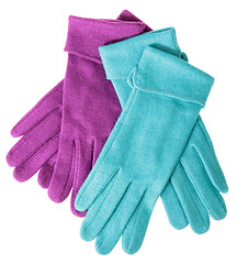 Image showing Multi-coloured woollen gloves on a white background