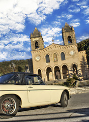 Image showing Old car and cathedral of Gibilmanna