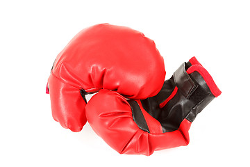 Image showing Pair of red leather boxing gloves isolated on white