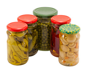 Image showing mushrooms peppers cucumbers tomatoes preserve jar 