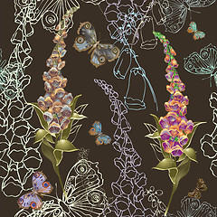 Image showing Seamless background. Illustration  foxglove and butterflies.